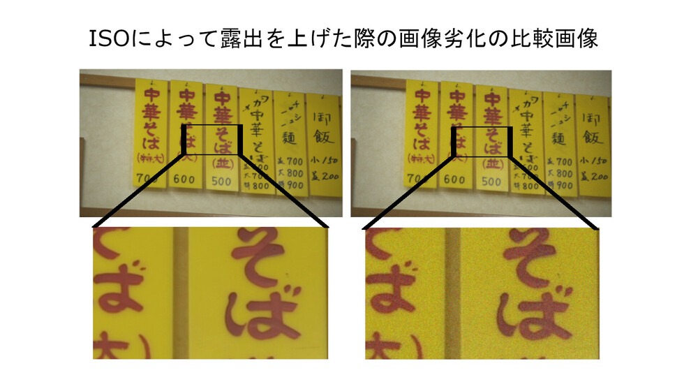 ISOによって露出をあげた際の画像比較